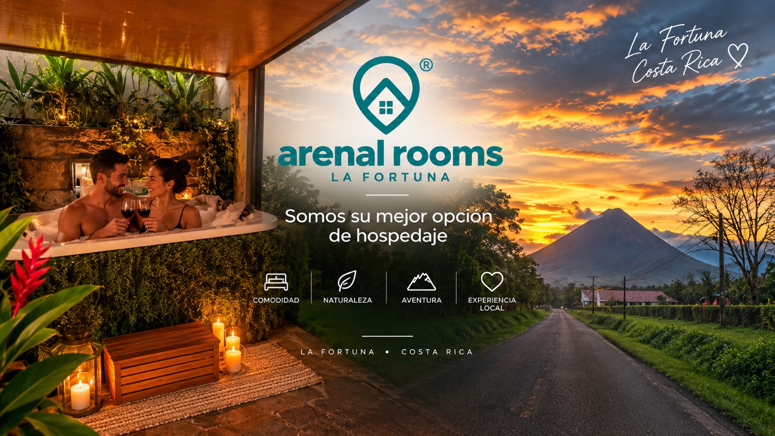 Arenal Rooms en La Fortuna, Costa Rica. Somos su mejor opción de hospedaje: comodidad, naturaleza, aventura y experiencia local. Portada con jacuzzi y vista al volcán Arenal al atardecer.