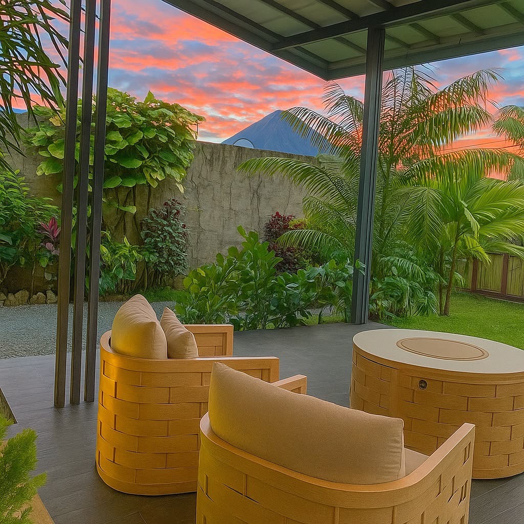 Terraza de Romantic Villa con jardín tropical y vista al volcán Arenal al atardecer