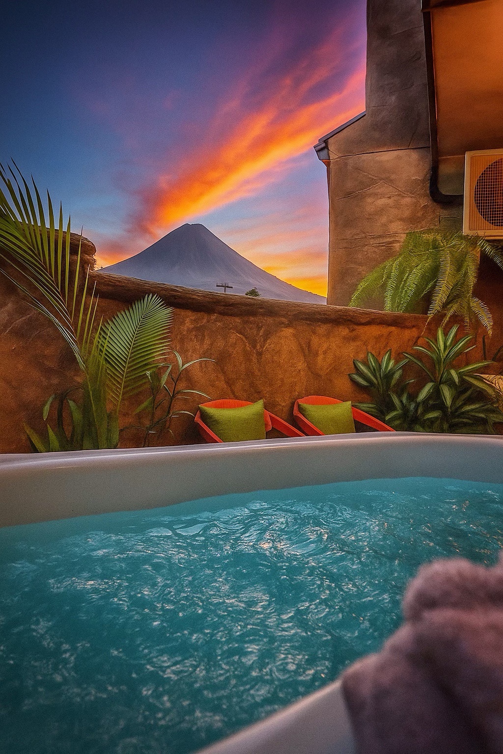 Jacuzzi en terraza con el volcán Arenal al atardecer